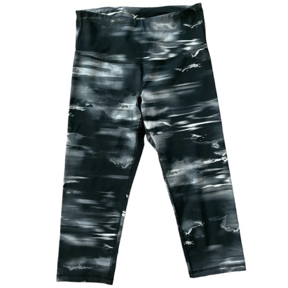 Women’s Cropped High Waisted Leggings Running Yoga Large Marble Black